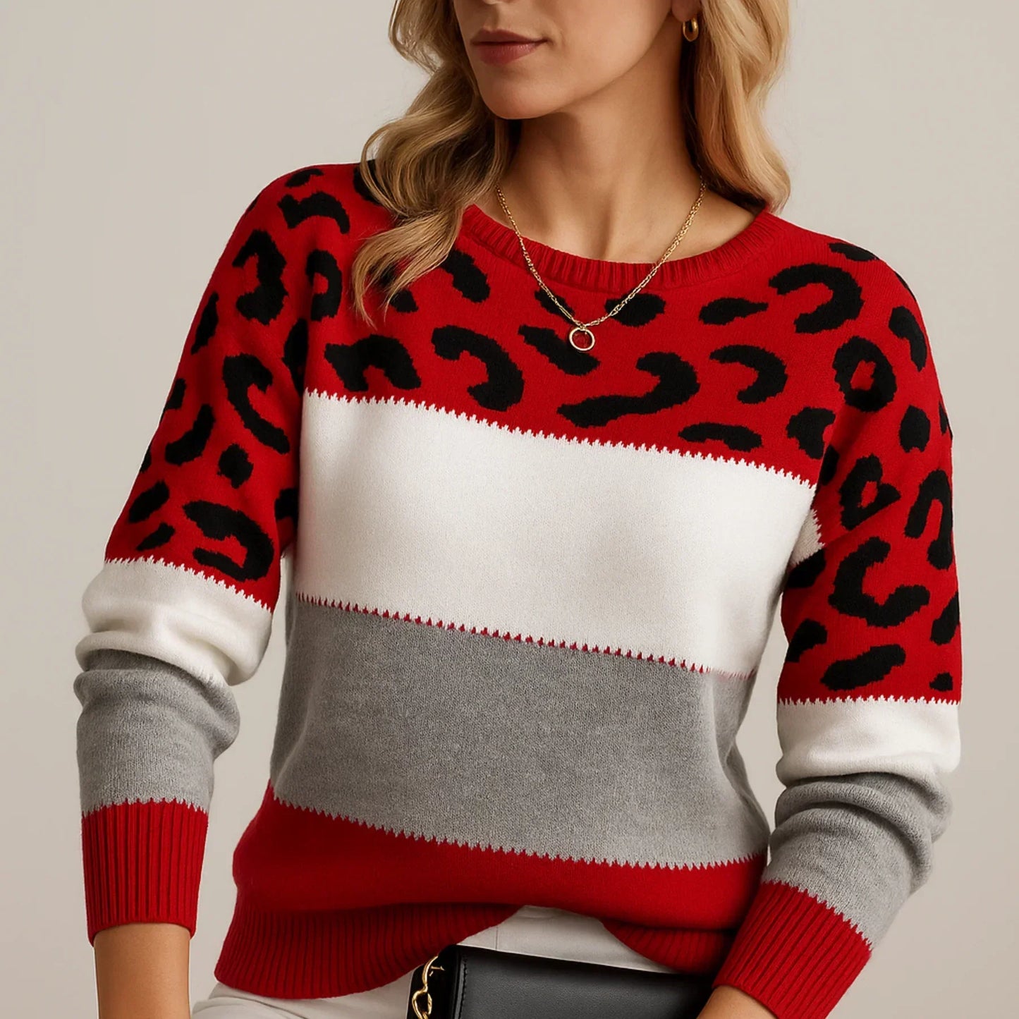 Leopardenmuster Pullover mit Farbblock Design für Damen | Elvira