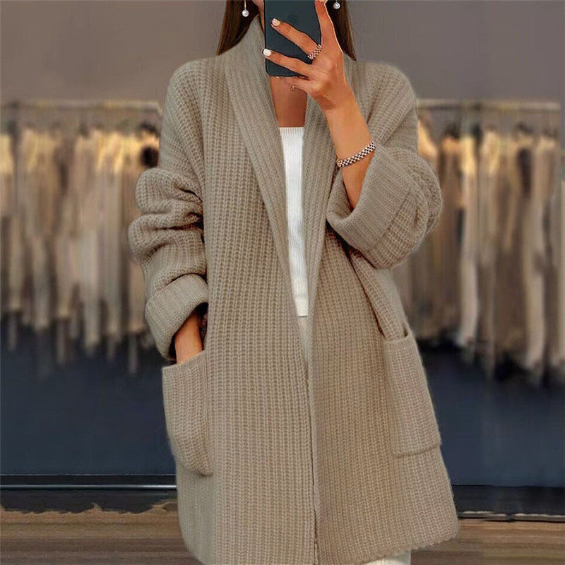Langer Oversized Cardigan mit offenen Taschen für Damen | Elvaria