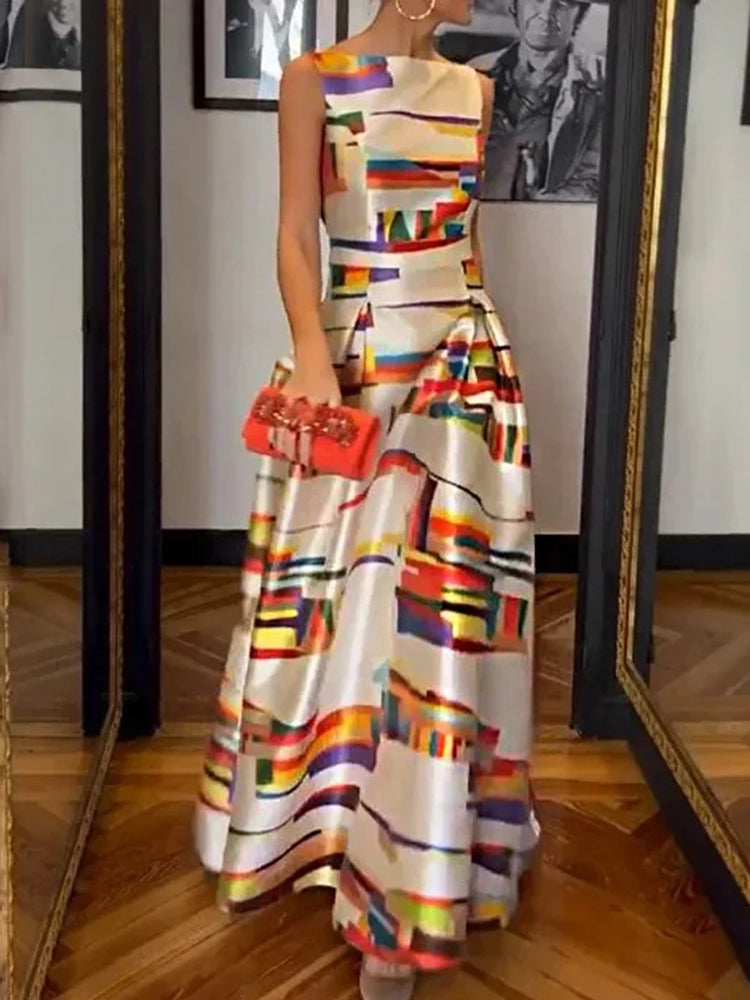 Women's Sleeveless Geometric Pattern Maxi Dress | Isabeau