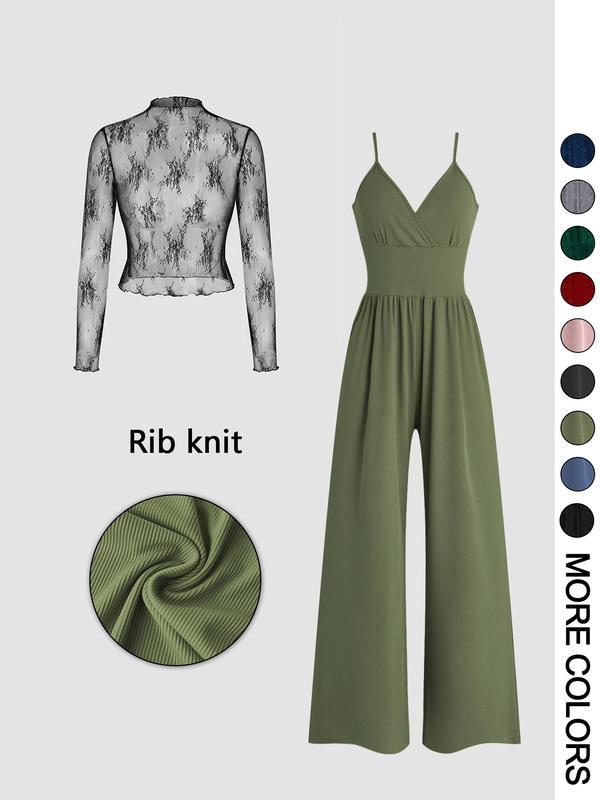 Elegantes Spitzen-Shirt und Jumpsuit Set mit Taschen für Damen | Larevia