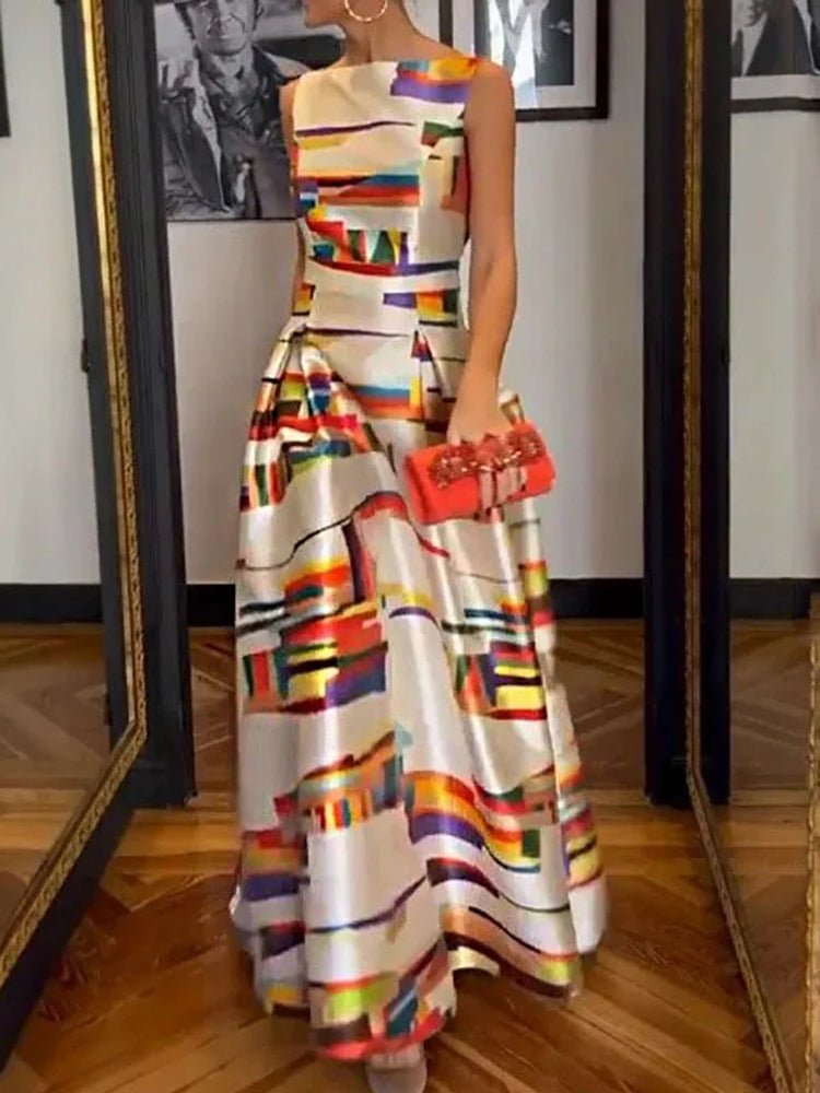 Women's Sleeveless Geometric Pattern Maxi Dress | Isabeau