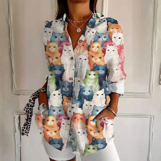 Bluse mit Katzenmuster und lockerer Silhouette für Damen | Cateline