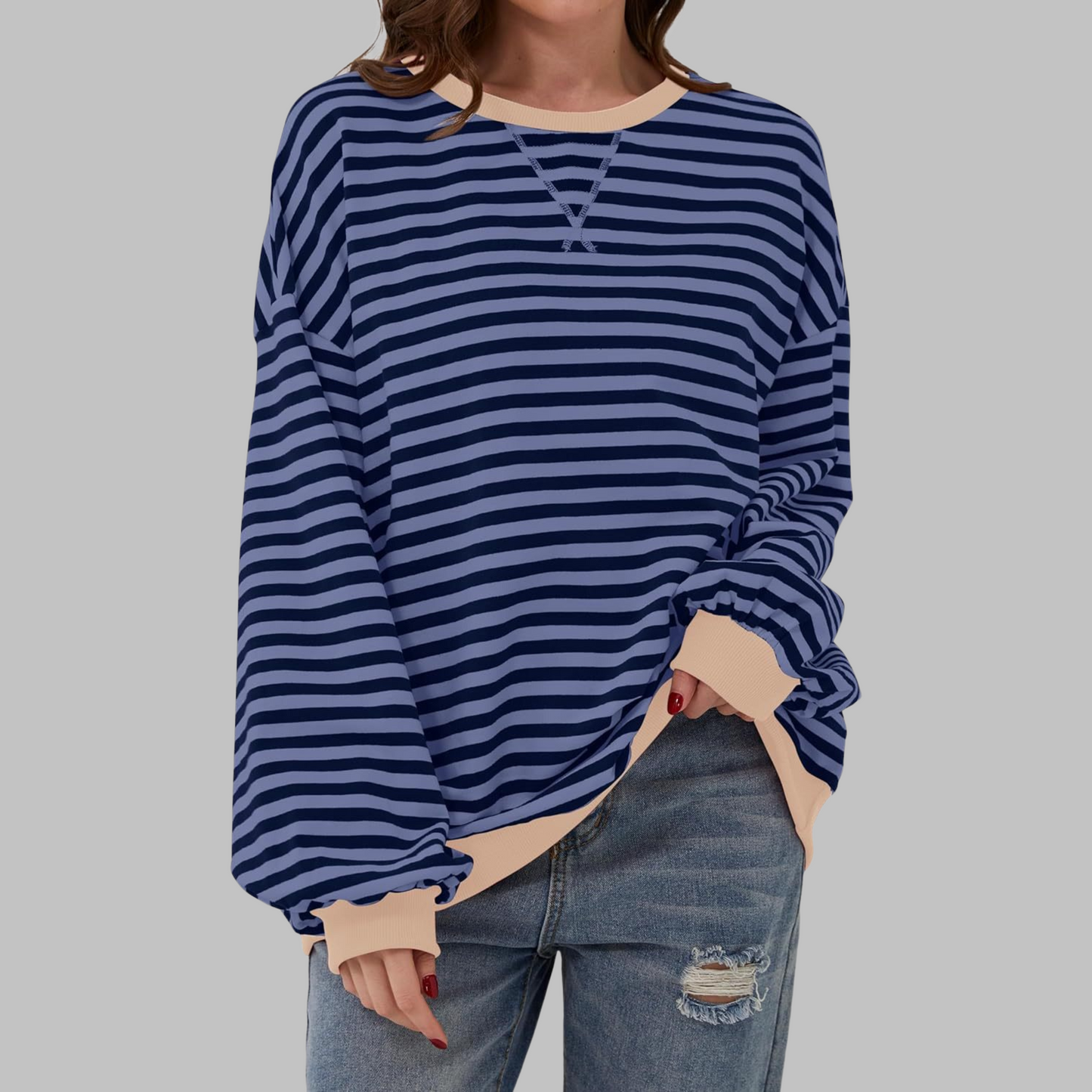 Gestreiftes Langarm Sweatshirt Rundhalsausschnitt für Männer | Elinor -9