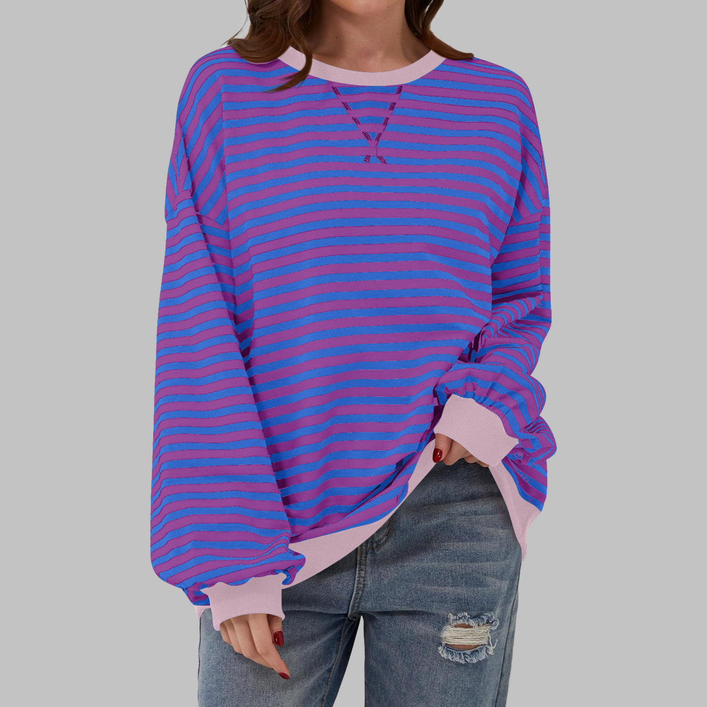 Gestreiftes Langarm Sweatshirt Rundhalsausschnitt für Männer | Elinor -10