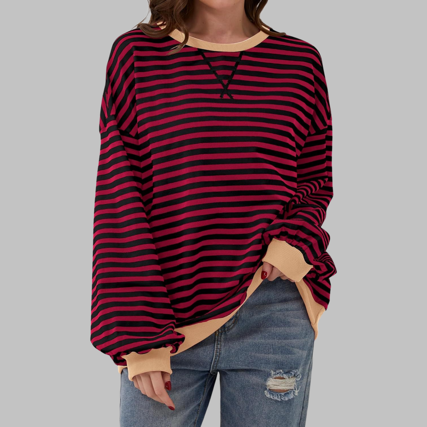 Gestreiftes Langarm Sweatshirt Rundhalsausschnitt für Männer | Elinor -11