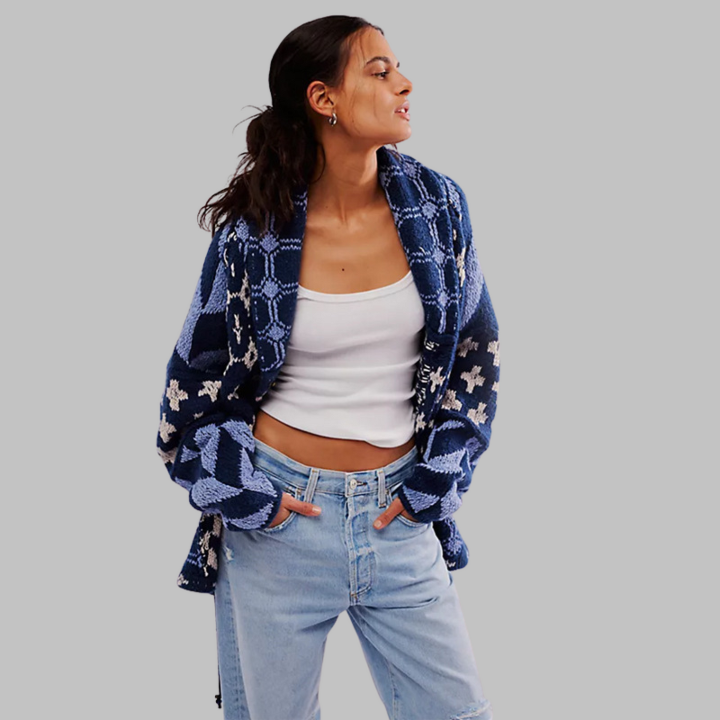 Oversized Strickjacke Vintage Kragen Knopfleiste für Frauen | Virella -7