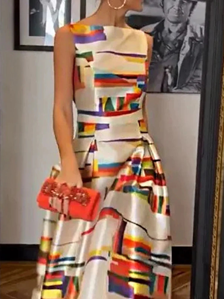 Women's Sleeveless Geometric Pattern Maxi Dress | Isabeau