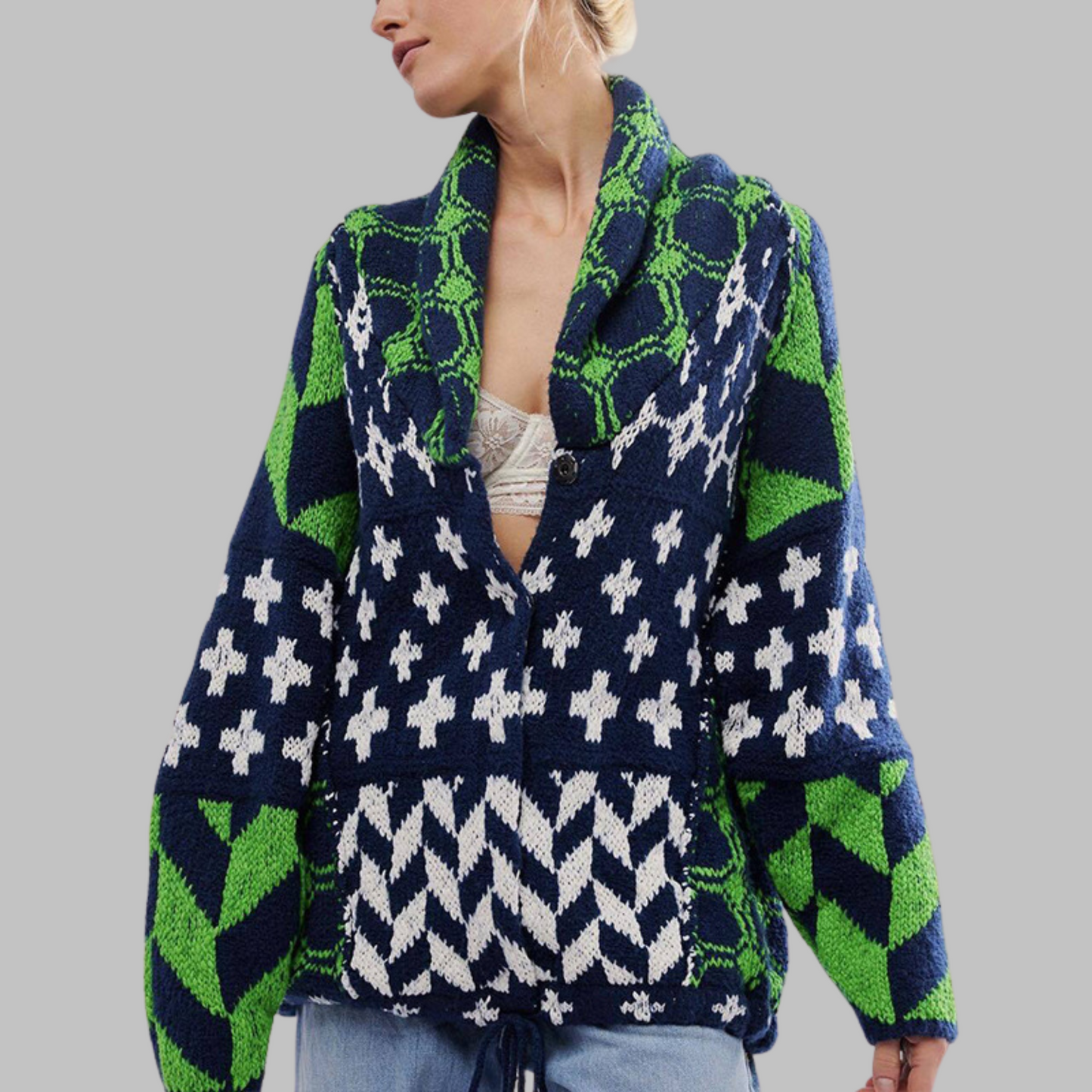 Oversized Strickjacke Vintage Kragen Knopfleiste für Frauen | Virella -8