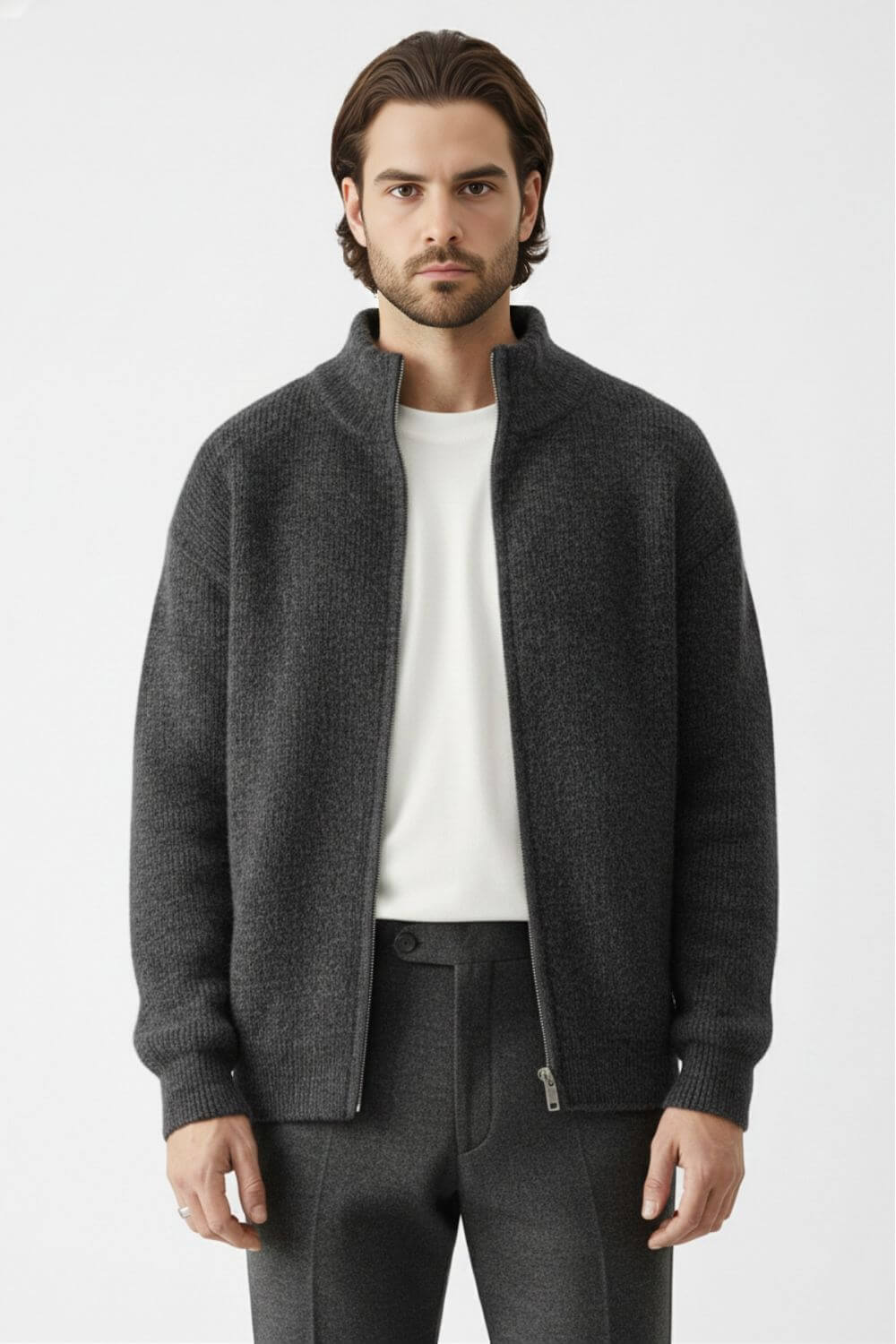 Men's Zip-Up Stand-Collar Cardigan | Calvero