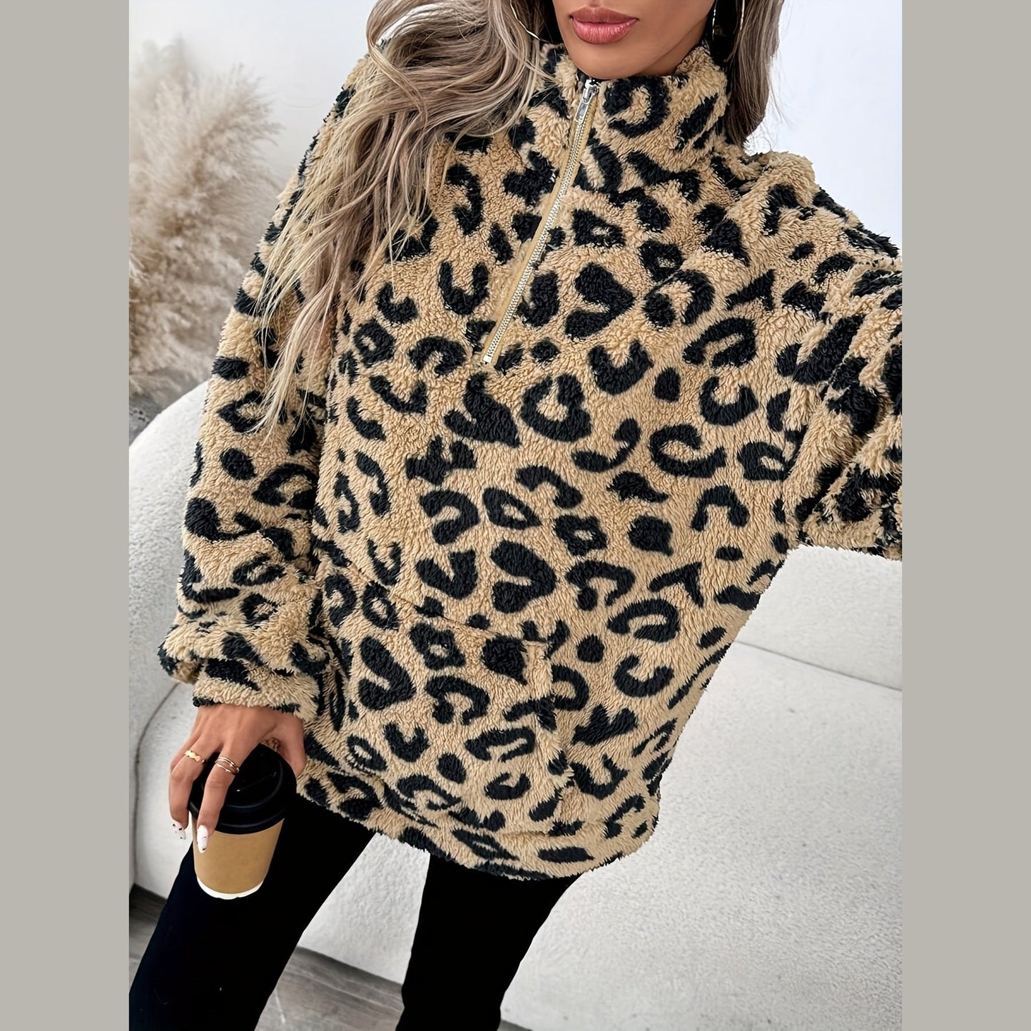 Eleganter Damenpullover Leopardenmuster Reißverschluss für Männer | Leona -3