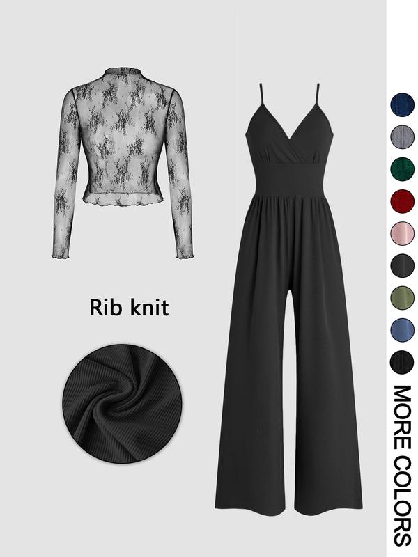 Elegantes Spitzen-Shirt und Jumpsuit Set mit Taschen für Damen | Larevia