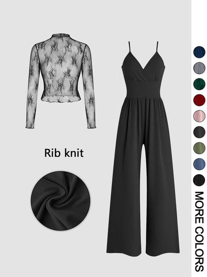 Elegantes Spitzen-Shirt und Jumpsuit Set mit Taschen für Damen | Larevia