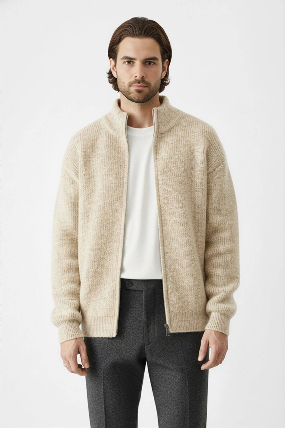 Men's Zip-Up Stand-Collar Cardigan | Calvero