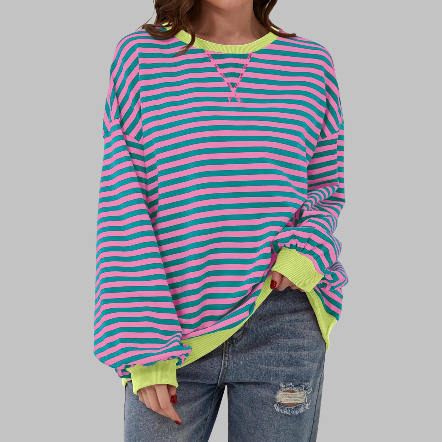 Gestreiftes Langarm Sweatshirt Rundhalsausschnitt für Männer | Elinor -5