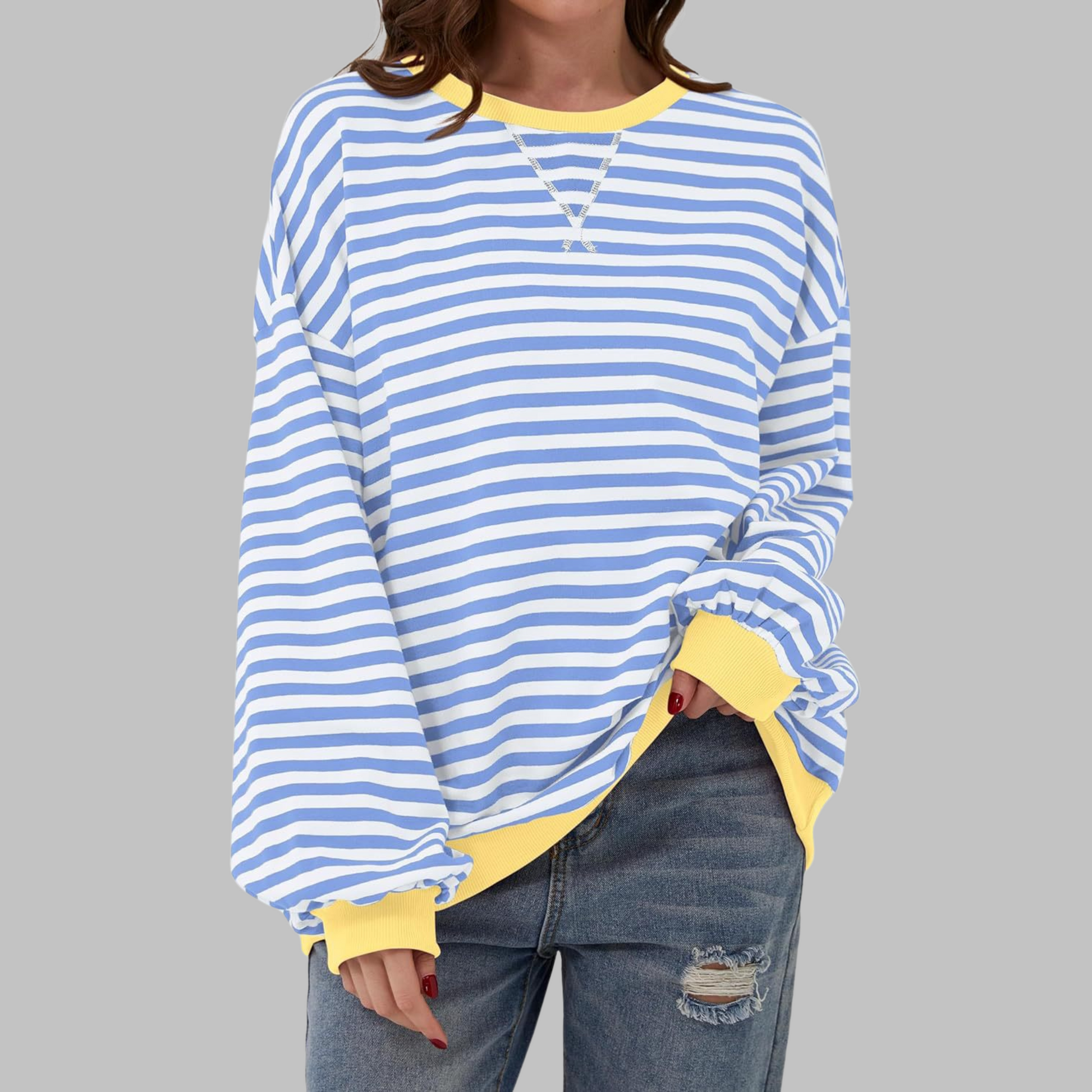 Gestreiftes Langarm Sweatshirt Rundhalsausschnitt für Männer | Elinor -6