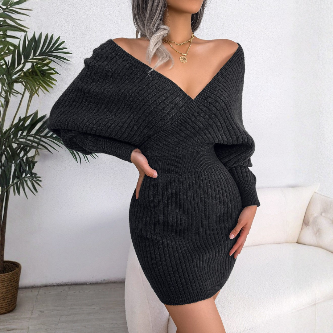 Women's Bodycon Mini Dress with Wrap V-neck and Long Sleeves | Selmira