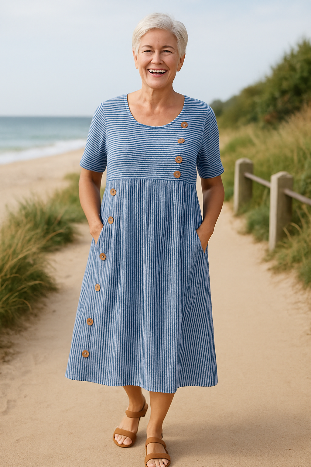 Striped comfortable midi dress for women | Brienne -1