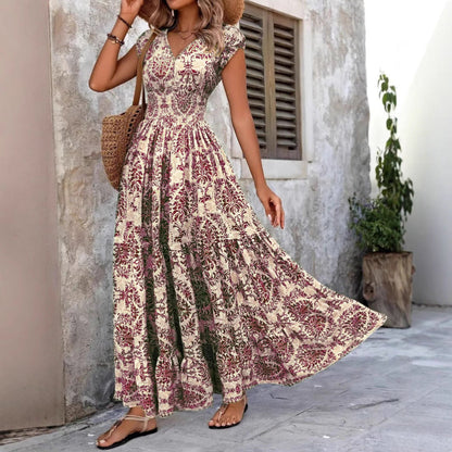 Chic Sommer V-Ausschnitt Shirred Boho Kleid für Damen | Sarki
