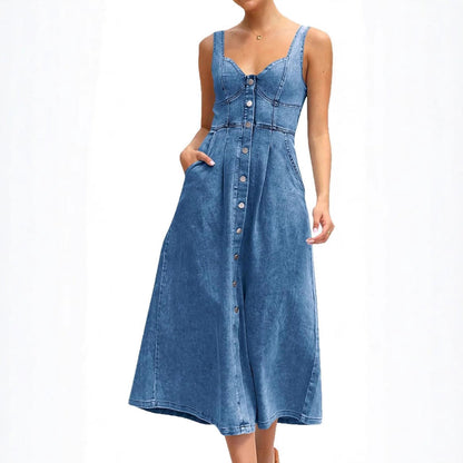 Sleeveless Denim Button-Up Dress | Jaylin