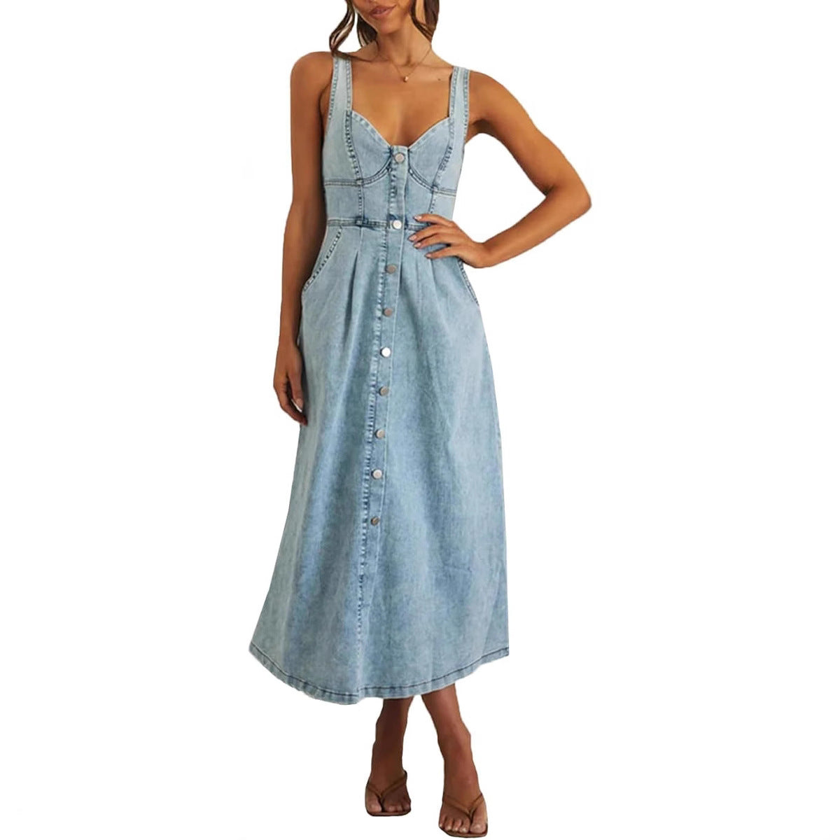 Sleeveless Denim Button-Up Dress | Jaylin