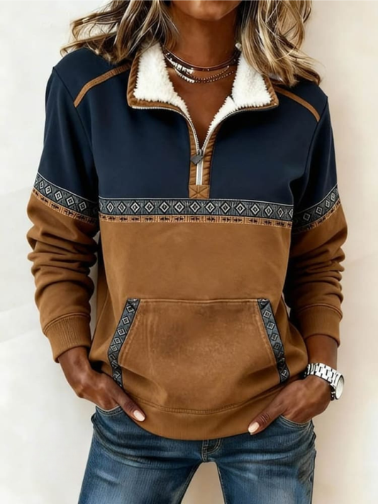 Damen-Pullover mit halbem Reißverschluss und Kontrastdesign | Mirelle