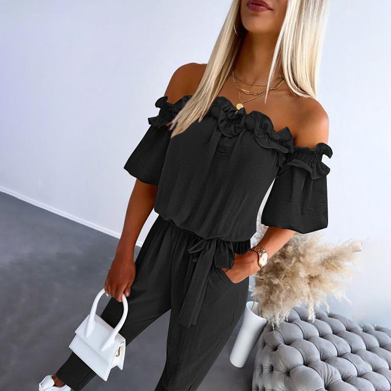 Eleganter schulterfreier Jumpsuit mit Rüschen und Bindegürtel | Camila