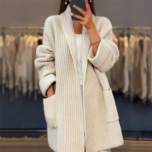 Langer Oversized Cardigan mit offenen Taschen für Damen | Elvaria