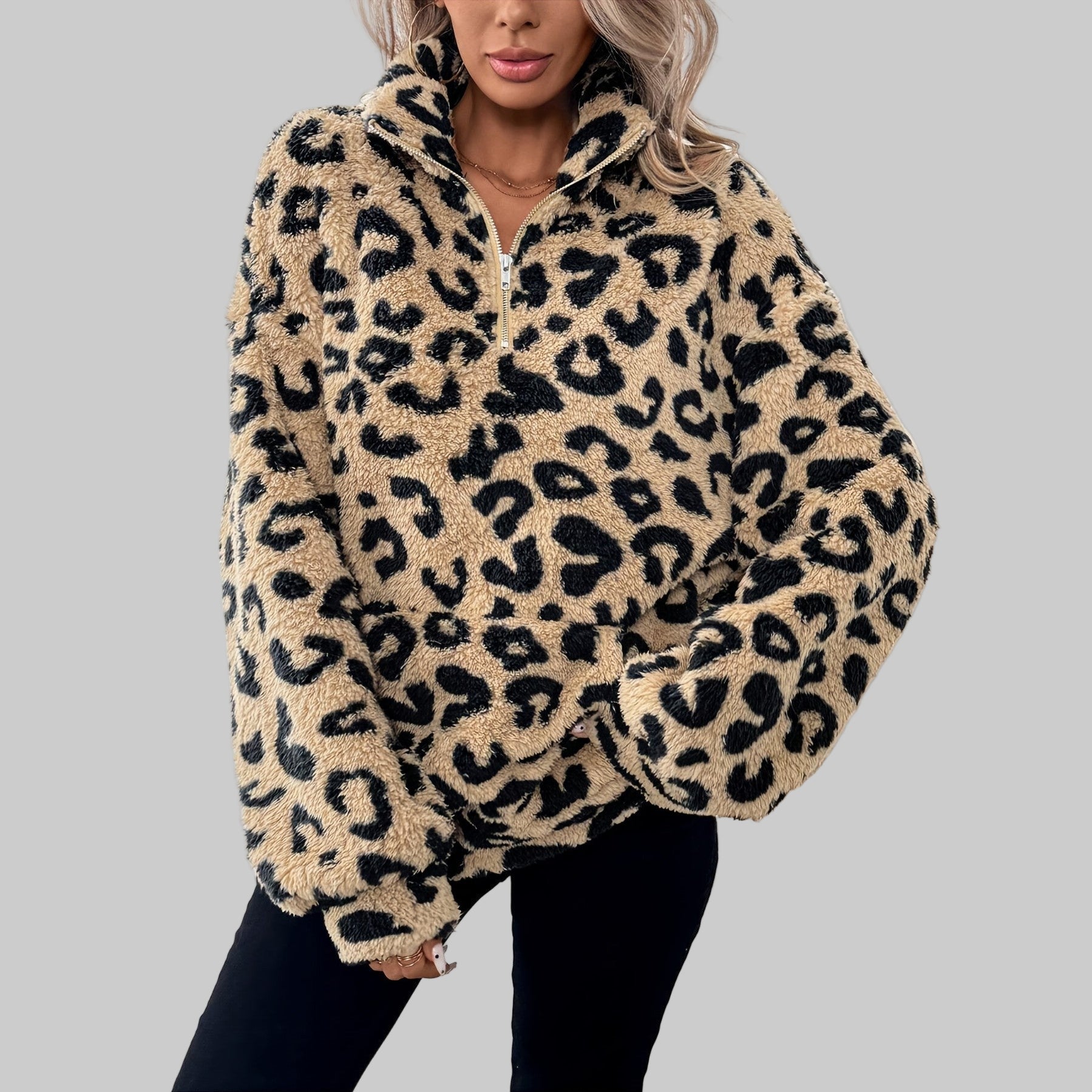 Eleganter Damenpullover Leopardenmuster Reißverschluss für Männer | Leona -1