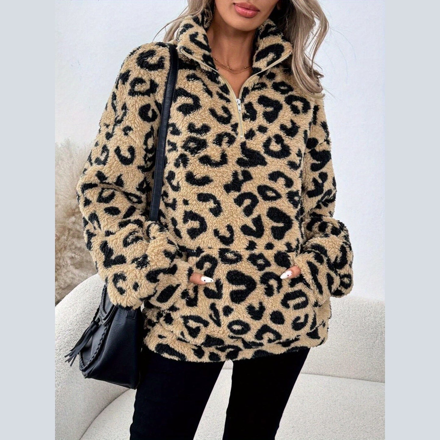 Eleganter Damenpullover Leopardenmuster Reißverschluss für Männer | Leona -4