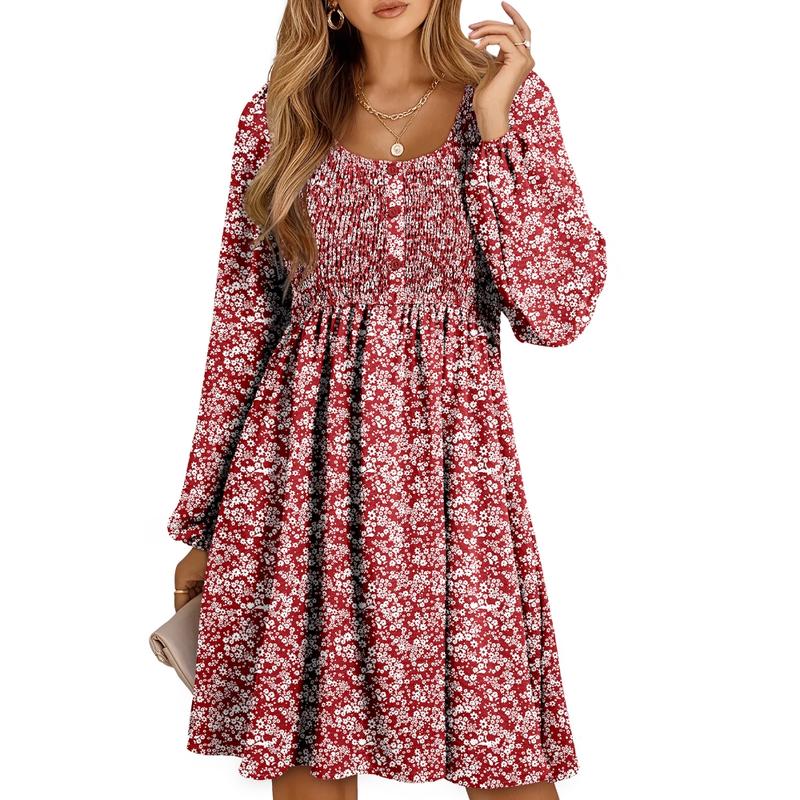 Damen A-Linien-Kleid mit gesmokter Empire-Taille und Knopfleiste | Elmira