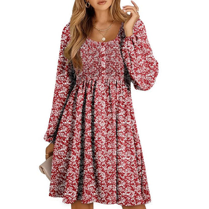 Damen A-Linien-Kleid mit gesmokter Empire-Taille und Knopfleiste | Elmira