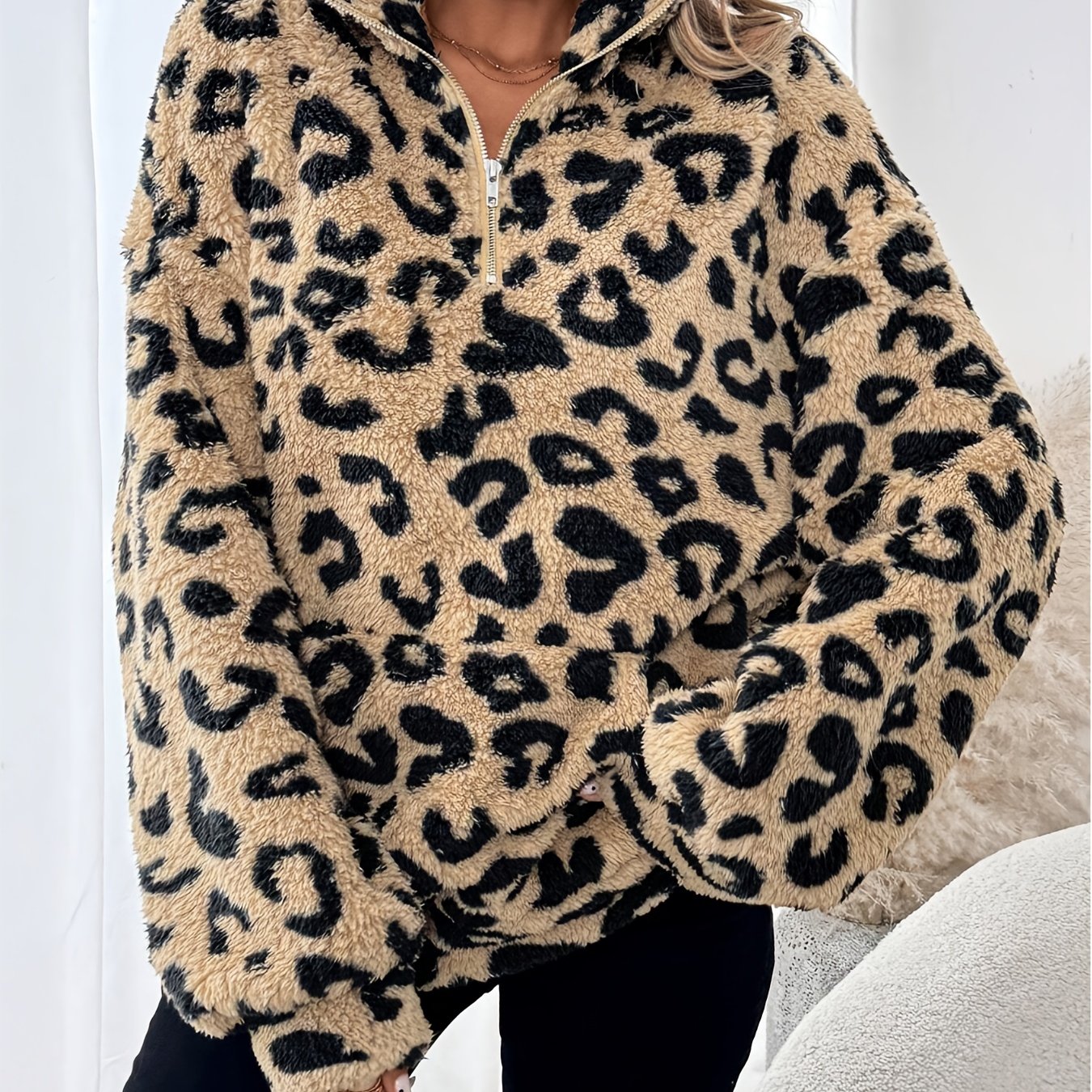 Eleganter Damenpullover Leopardenmuster Reißverschluss für Männer | Leona -7